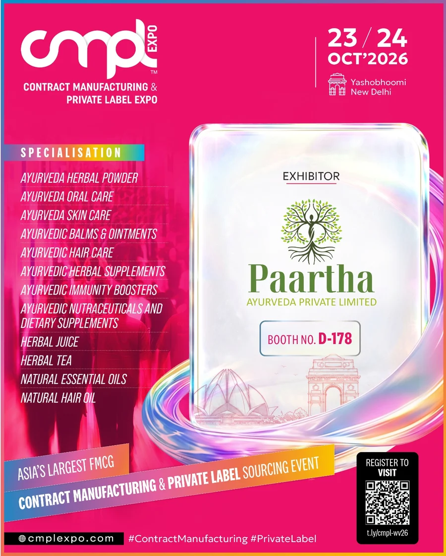 Paartha Ayurveda exhibiting at CMPL Expo 2026, Booth D-178, Yashobhoomi New Delhi